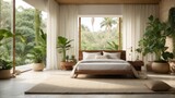 Serene Tropical Forest Bedroom Take a break from the bustling city life and retreat into this serene bedroom inspired by the Mediterranean. The room is surrounded by lush greenery,
