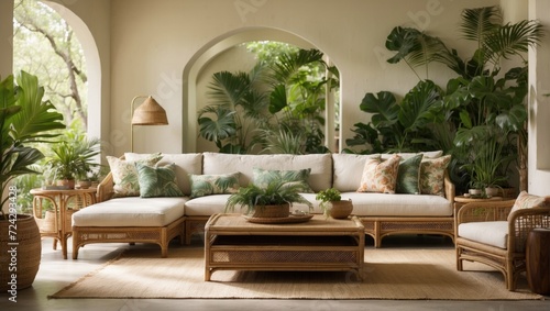 Serene and Wooded Tucked away in the lush, tropical forest, the Coastal Retreat becomes a tranquil oasis. Cane furniture, leafprinted accent pillows, and tropical plants fill © DigitalSpace