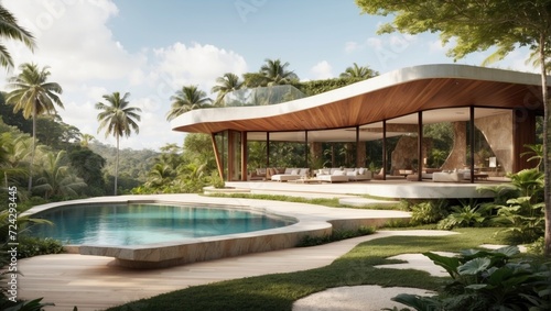 Tropical Retreat A luxurious futuristic villa sits on the edge of a picturesque tropical forest. The interior boasts a seamless blend of indoor and outdoor living, with large