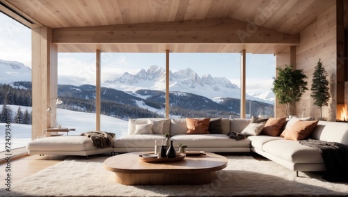 The HighTech Modern living room is situated in a cozy winter cabin, with floortoceiling windows showcasing breathtaking views of snowcapped mountains. The space is modern and