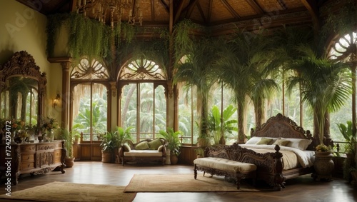 Escape the hustle and bustle of city life and retreat to a traditional classic bedroom nestled in the heart of a lush tropical forest. The fourposter bed with intricately carved © DigitalSpace