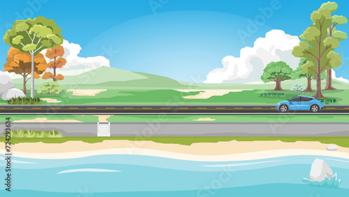 Travels of sedan car driving on asphalt road. Foreground of sea beach and there are stairs going down to the sandy beach. Background of meadow and trees with mountain under blue sky and white clouds.
