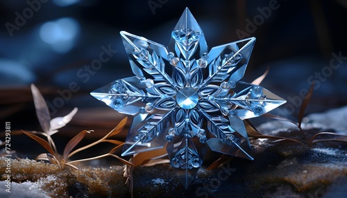 crystal snowflake on a stone in winter, panoramic shot