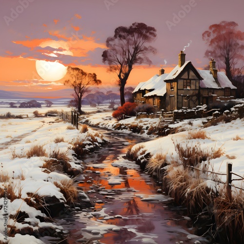 Winter landscape with house and river at sunset. Beautiful winter scene.
