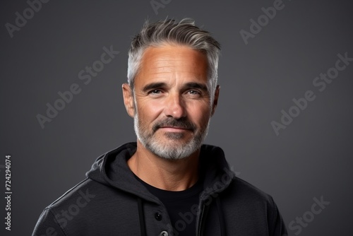Portrait of a handsome middle-aged man with grey hair and beard in a black sweatshirt.