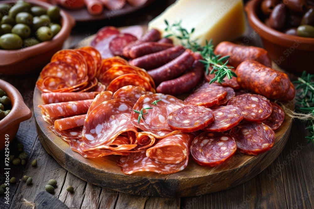An exquisite spread of cured meats and savory cheeses, showcasing a variety of charcuterie delicacies such as salami, chorizo, and soppressata, all sourced from the finest produce and animal fat at a