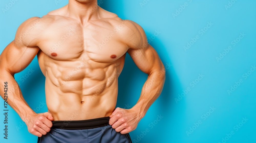 Fit male athlete s waist in sportswear on light background, fitness and gymnastics concept