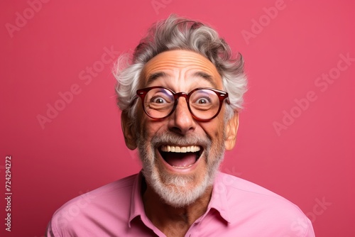 Portrait of a happy senior man with glasses on a pink background.