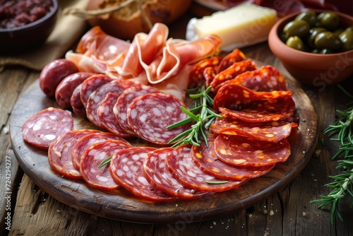 An exquisite spread of cured meats and cheeses, boasting a variety of rich flavors and textures from charcuterie favorites such as salami, soppressata, and prosciutto, alongside a selection of savory
