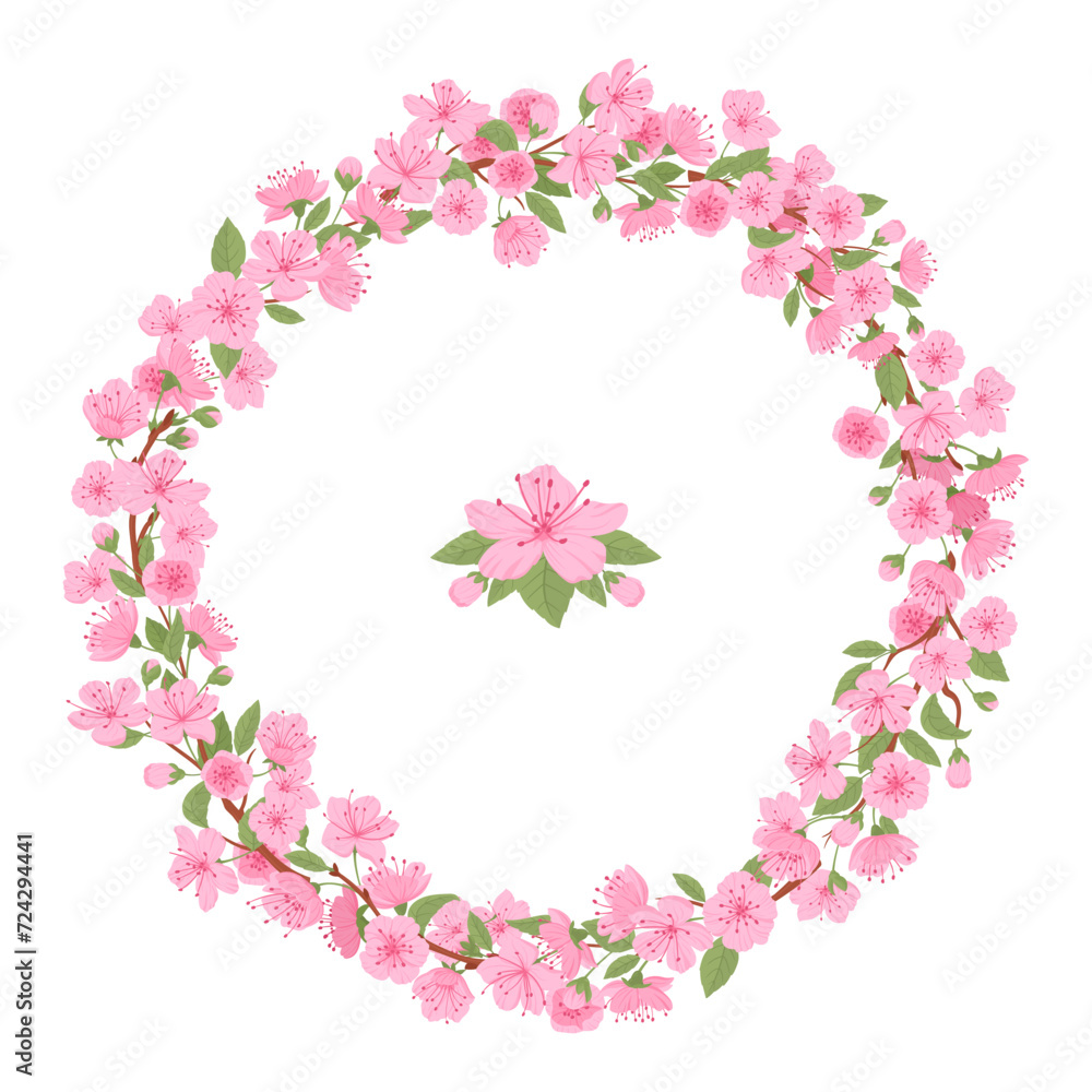 Cherry pink flowers frame. Sakura blossom branch round wreath, Japanese blooming sakura tree frame flat vector illustration. Spring cherry blossom border