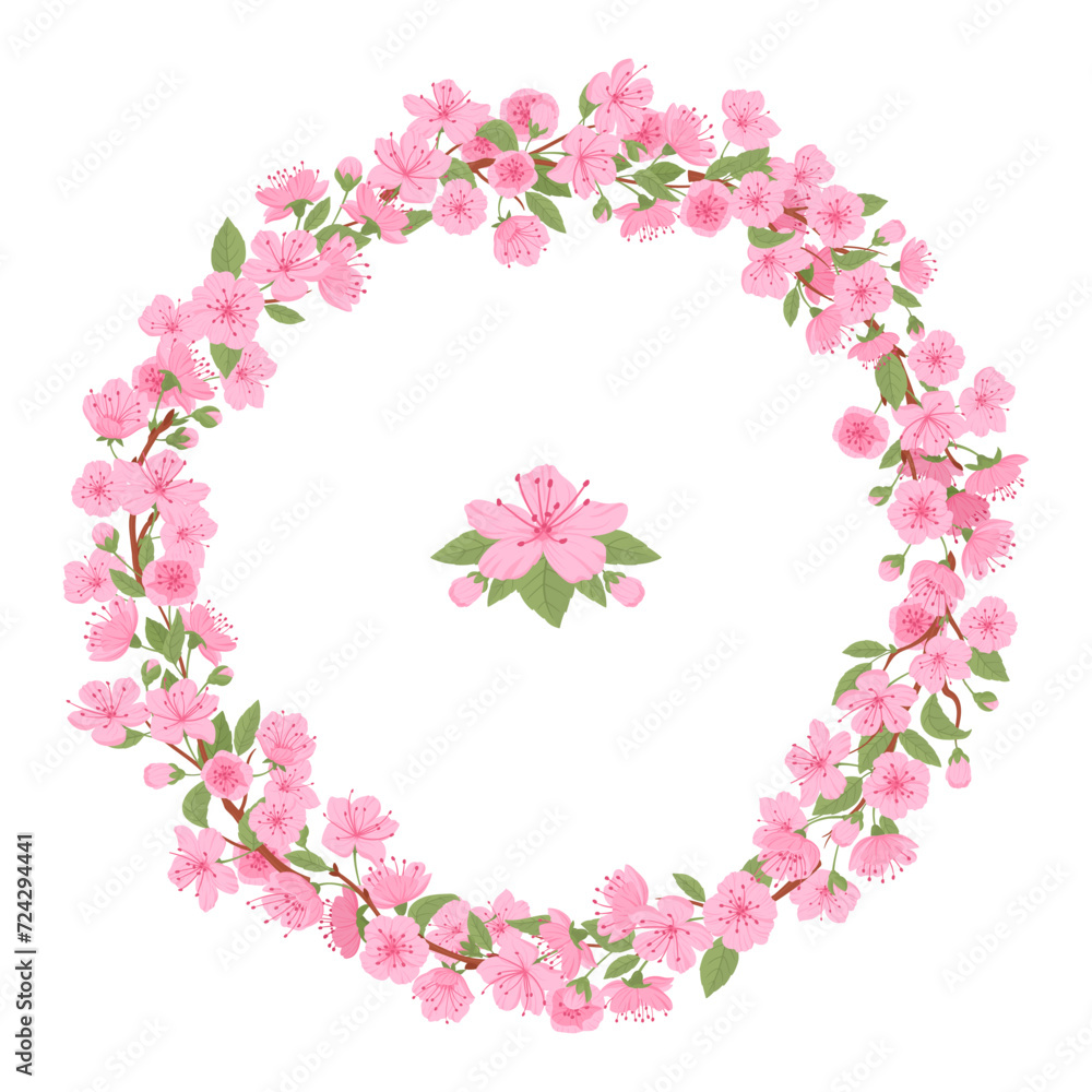 Cherry pink flowers frame. Sakura blossom branch round wreath, Japanese blooming sakura tree frame flat vector illustration. Spring cherry blossom border Cherry pink flowers frame. Sakura blossom branch round wreath, Japanese blooming sakura tree frame flat vector illustration. Spring cherry blossom border