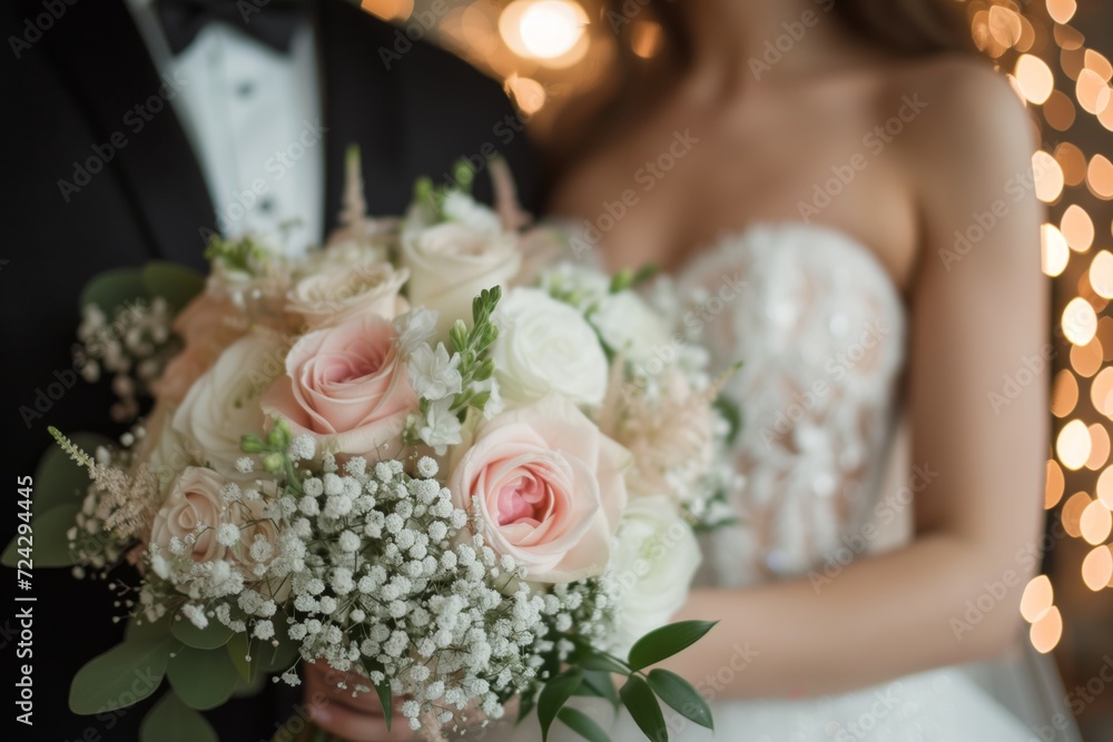 Close-up view bridal bouquet consisting of lush white and pale pink flowers, of a bride and groom on their wedding day. Close-up view bridal bouquet consisting of lush white and pale pink flowers, of a bride and groom on their wedding day.
