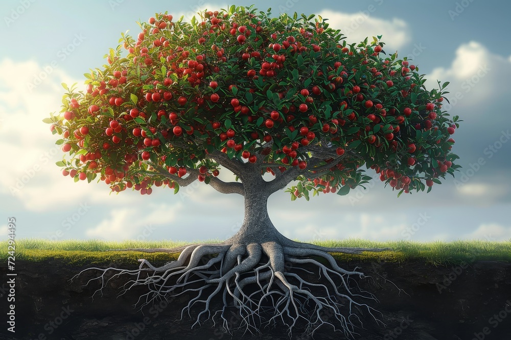 A vibrant tree with scarlet fruit basks under the vast blue sky, surrounded by a lush outdoor landscape of clouds, plants, and flowers - obrazy, fototapety, plakaty 
