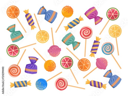 Sweets and candy pattern. Cartoon birthday party backdrop, sweet candies flat vector background illustration. Lollipops backdrop