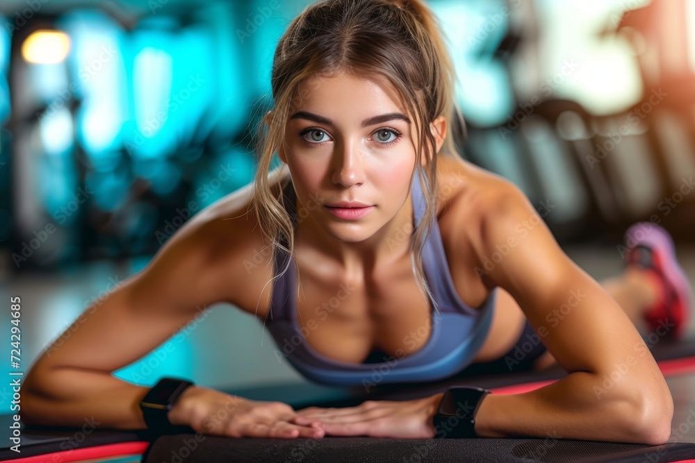 A determined woman gracefully displays her strength and dedication as she completes a challenging set of push ups, her toned muscles and focused expression radiating confidence and empowerment