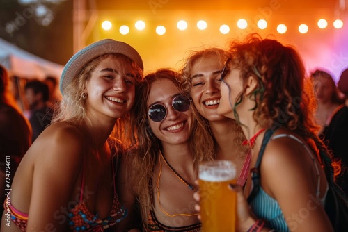 A group of vibrant, joyful women dressed for a night out at the club, share laughter and beer with their male companions under the city lights