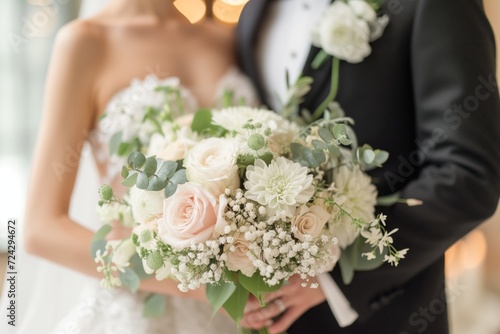  Close-up view bridal bouquet consisting of lush white and pale pink flowers, of a bride and groom on their wedding day.