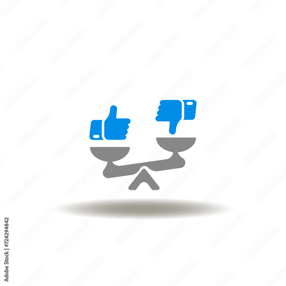 Vector illustration of seesaw balancing with like and dislike gesture sign. Icon of merit demerit balance. Vector illustration of seesaw balancing with like and dislike gesture sign. Icon of merit demerit balance.