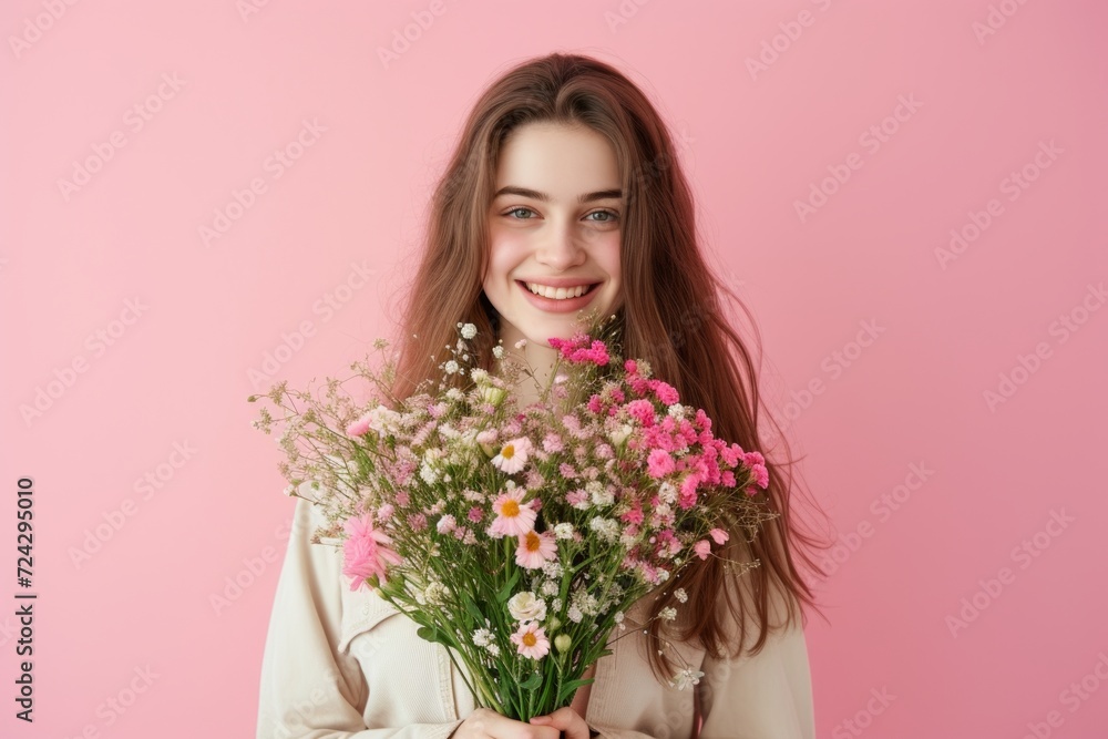 Beautiful happy young woman with bouquet of spring flowers on pastel pink background. Romantic studio portrait. Springtime, Mothers day, Valentines day concept. Design for posters, banner Beautiful happy young woman with bouquet of spring flowers on pastel pink background. Romantic studio portrait. Springtime, Mothers day, Valentines day concept. Design for posters, banner