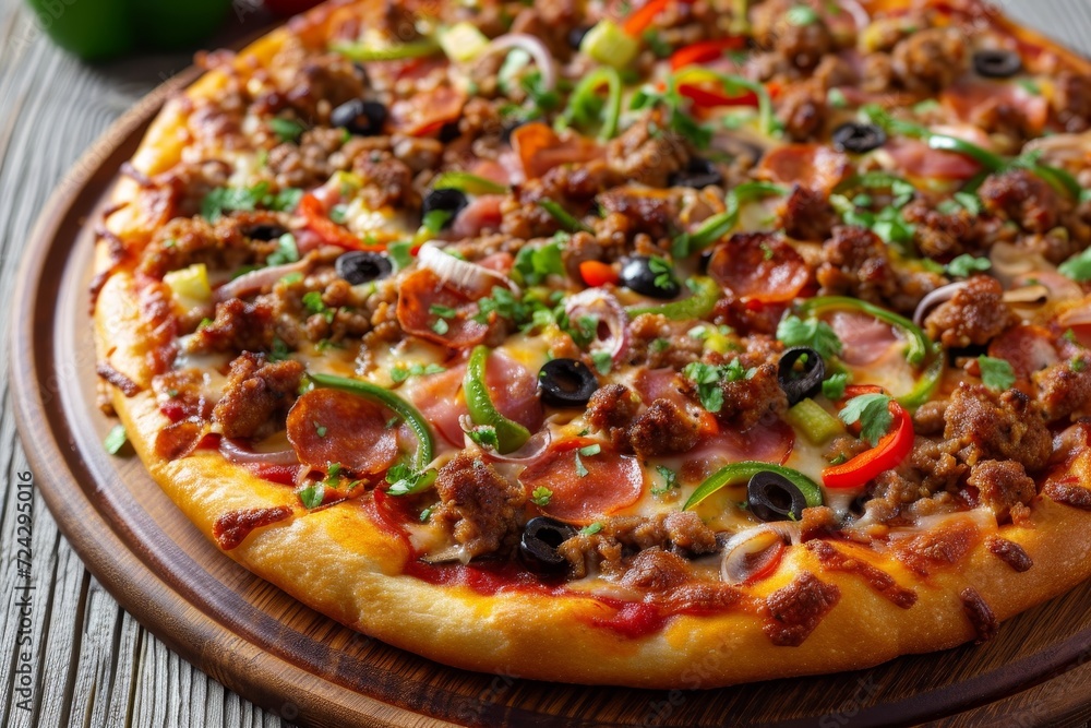 Indulge in the savory flavors of a californian-style pizza topped with an array of fresh vegetables and mouthwatering meats, served on a rustic wooden platter for a truly authentic italian experience