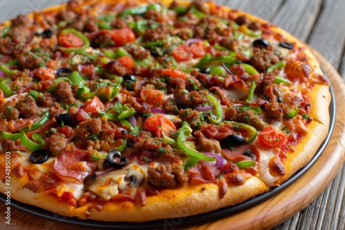 Indulge in a mouthwatering california-style pizza, topped with savory meat and fresh vegetables, served on a rustic wooden tray for the ultimate fast food experience