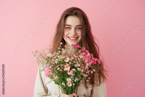 Beautiful happy young woman with bouquet of spring flowers on pastel pink background. Romantic studio portrait. Springtime, Mothers day, Valentines day concept. Design for posters, banner