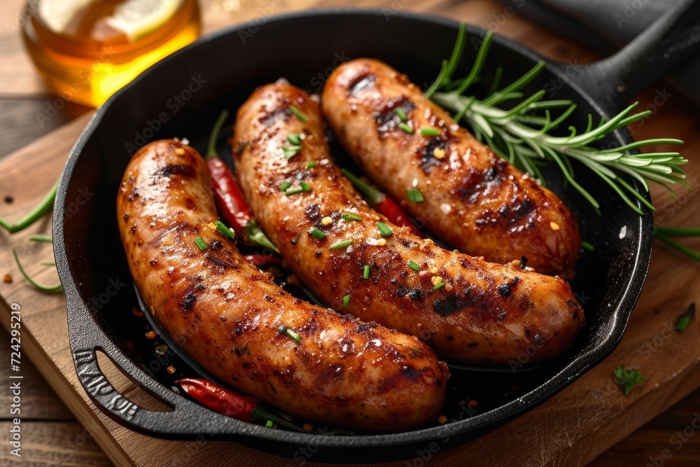 A sizzling mix of various sausages from around the world, bursting with flavor and cooked to perfection in a pan with vegetables, creating a mouth-watering and diverse culinary experience A sizzling mix of various sausages from around the world, bursting with flavor and cooked to perfection in a pan with vegetables, creating a mouth-watering and diverse culinary experience
