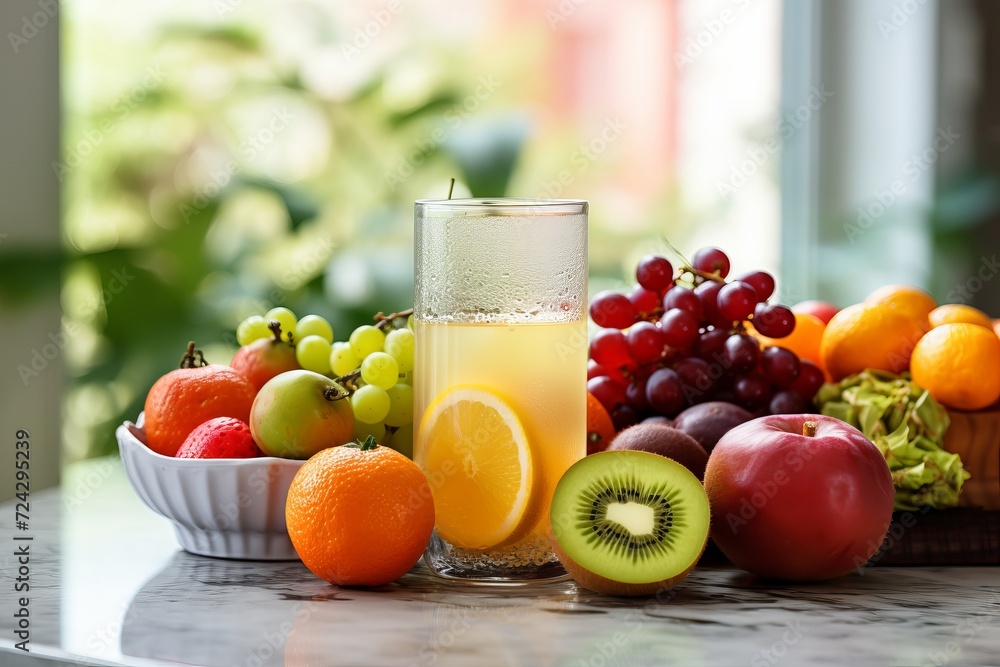 Assorted fresh fruits and refreshing juice on bright kitchen table with natural light Assorted fresh fruits and refreshing juice on bright kitchen table with natural light