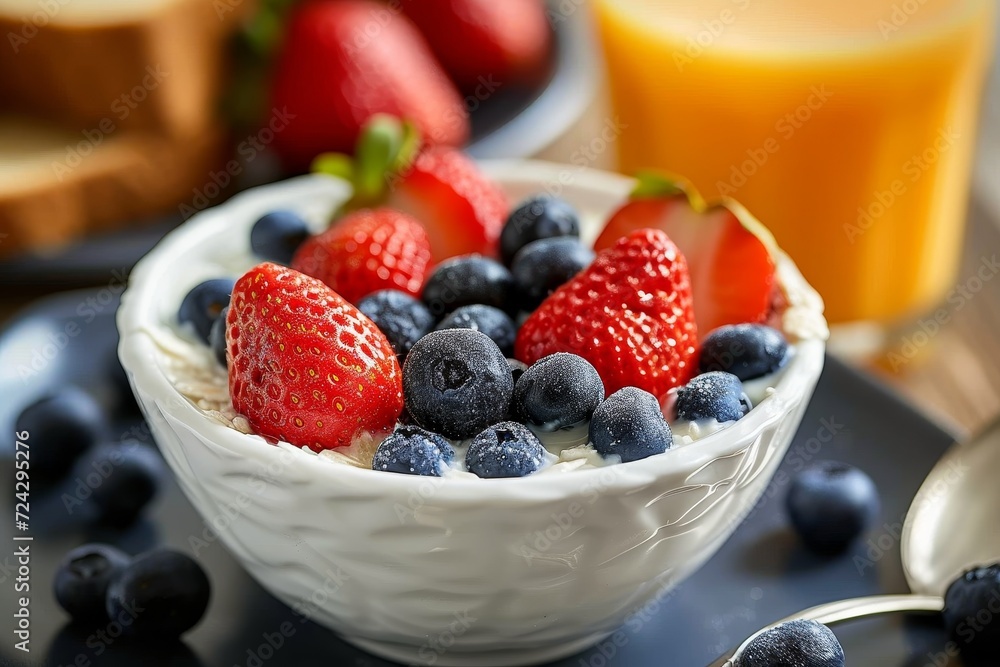 A vibrant fruit bowl overflows with the nutritious power of strawberries and blueberries, offering a sweet and refreshing treat for both the body and soul A vibrant fruit bowl overflows with the nutritious power of strawberries and blueberries, offering a sweet and refreshing treat for both the body and soul