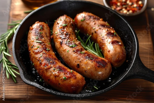 An array of savory sausages sizzling in a pan, showcasing the diverse flavors of german cuisine and the art of indoor grilling photo