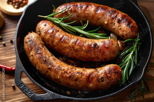A sizzling pan of savory sausages, bursting with herbs and spices, evokes the mouth-watering aromas of a traditional german barbecue