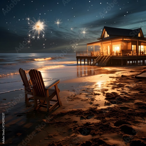 Wooden house on the beach at night. 3D rendering.