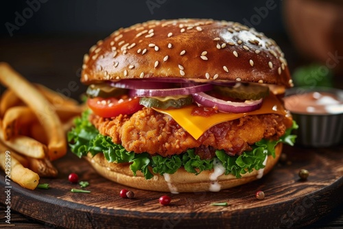 Indulge in a mouth-watering american classic with a juicy burger and crispy fries served on a rustic wooden board, evoking feelings of nostalgia and comfort in this fast food dish