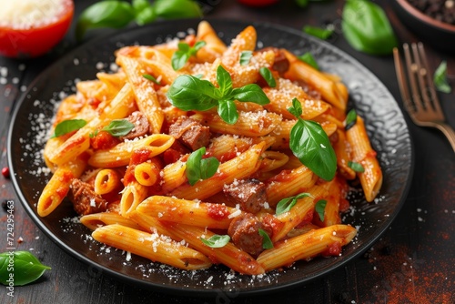 A mouth-watering plate of savory italian cuisine featuring a hearty serving of penne pasta topped with succulent meat and fragrant basil, drizzled in a rich tomato sauce and surrounded by fresh veget