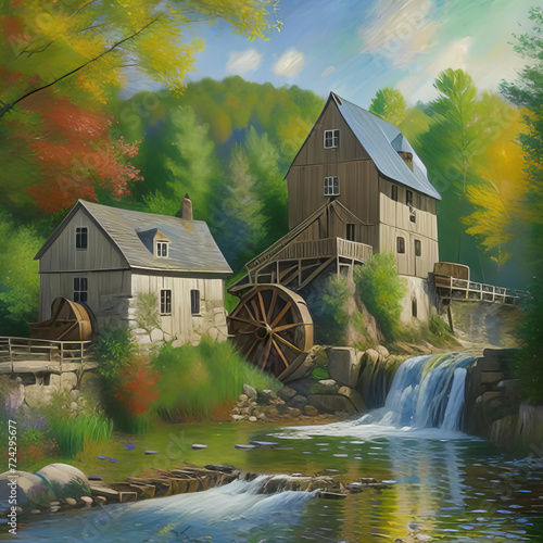 A creek level view of a 4 story grist mill and it's water wheel and surrounding landscape photo