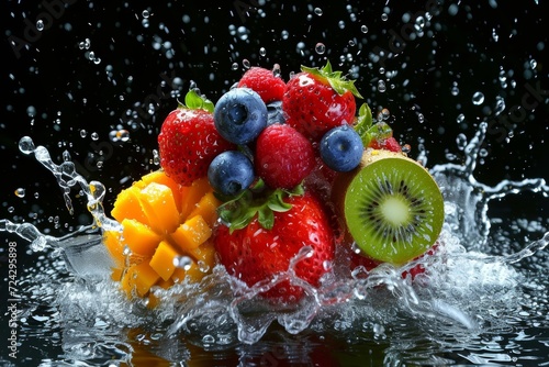 A colorful display of nutritious natural foods, including accessory fruits and seedless superfoods like strawberries, captured mid-splash in crystal clear water in an idyllic outdoor setting photo