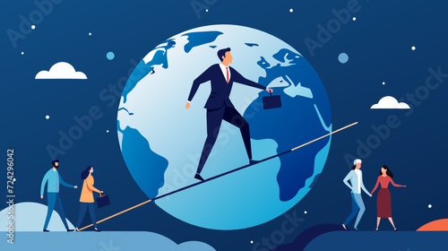 Businessman Balancing on Tightrope Across the Globe at Night