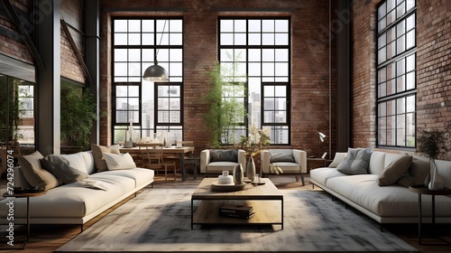 Panorama of modern living room interior design. 3d render illustration © Iman