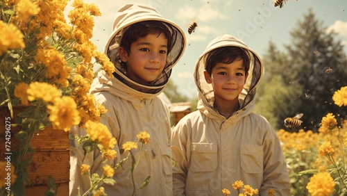 A cute boy and a girl beekeeping at a bee farm