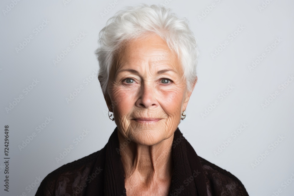 Portrait of a senior woman with grey hair on grey background. Portrait of a senior woman with grey hair on grey background.