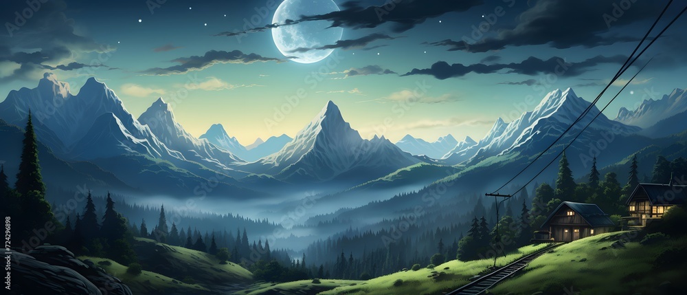 Panoramic view of the mountains at night with the moon in the sky