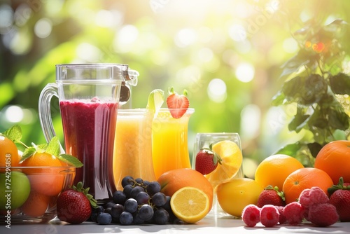 Assorted fresh fruits and refreshing juices on bright kitchen table with natural sunlight