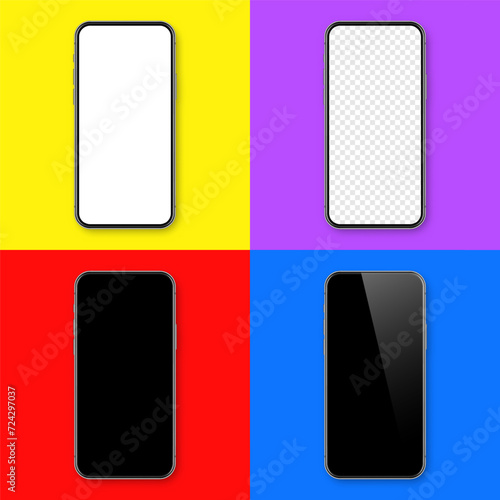 Realistic smartphone with blank touch screen on colorful background. Frameless mobile phone in front view. High quality detailed device mockup. Vector illustration