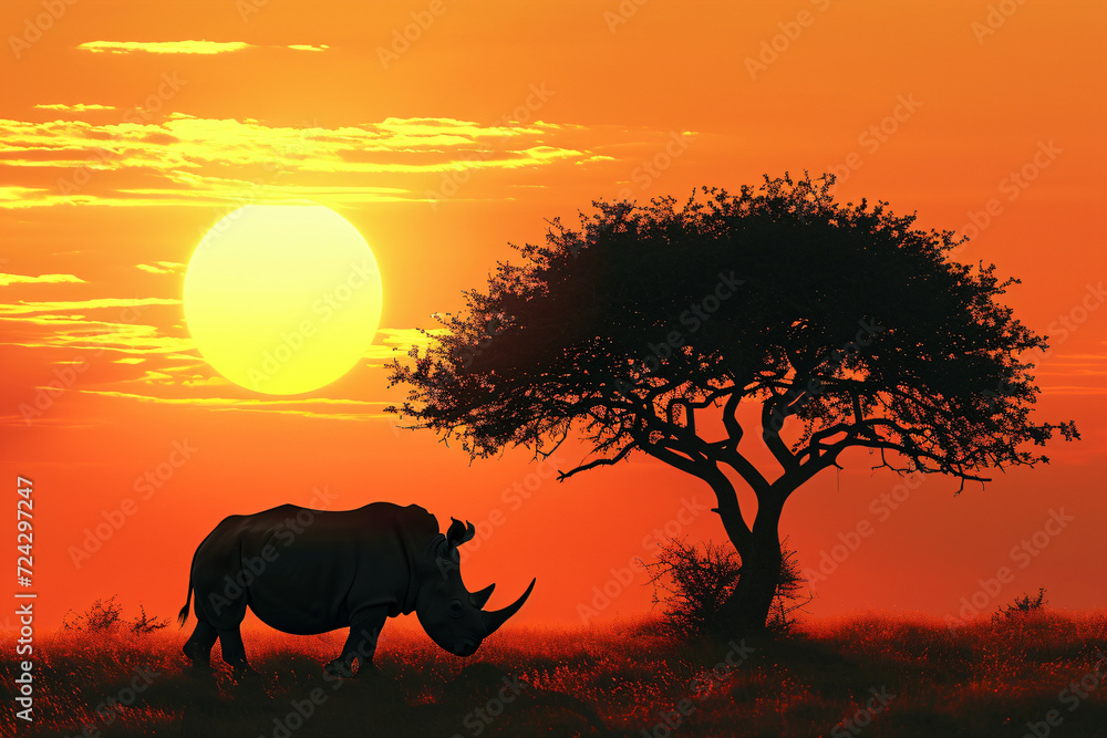 Silhouette of large acacia tree in the savanna plains with rhino (White Rhinoceros). African sunset. Wild nature, Kenya panoramic view. Black history month concept. World rhino day. Animal protection