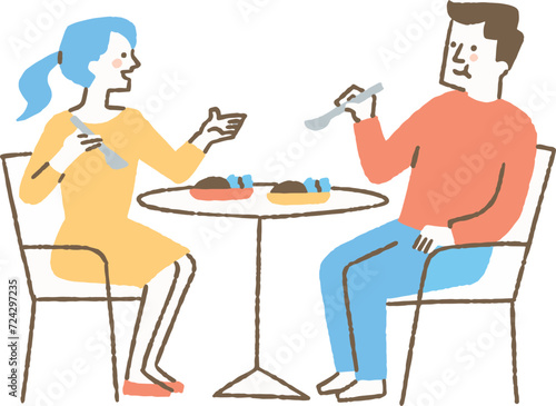 外で食事をしている男女二人_色