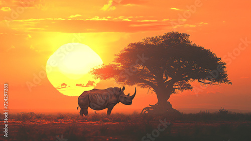 Silhouette of large acacia tree in the savanna plains with rhino  White Rhinoceros . African sunset. Wild nature  Kenya panoramic view. Black history month concept. World rhino day. Animal protection