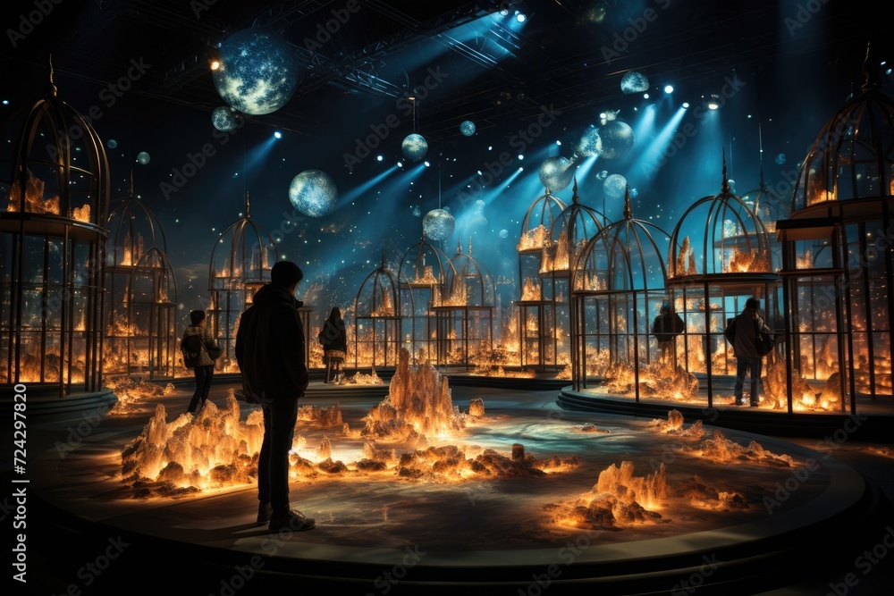 A person is surrounded by brightly glowing abstract shapes, showcasing the concept of creating content using artificial intelligence. A person is surrounded by brightly glowing abstract shapes, showcasing the concept of creating content using artificial intelligence.