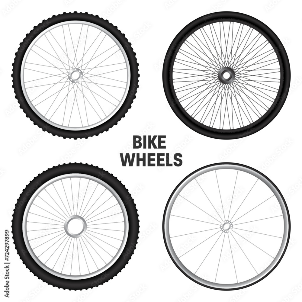 Realistic 3d bicycle wheels. Bike rubber tyres, shiny metal spokes and rims. Fitness cycle, touring, sport, road and mountain bike. Vector illustration Realistic 3d bicycle wheels. Bike rubber tyres, shiny metal spokes and rims. Fitness cycle, touring, sport, road and mountain bike. Vector illustration