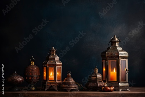 Dates Aladdin lamps and Arabic lanterns, copy space - generative ai © Nia™