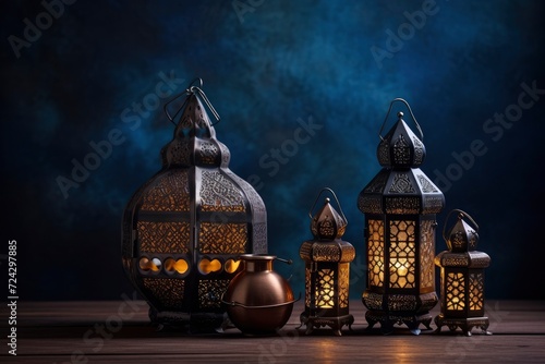Dates Aladdin lamps and Arabic lanterns, copy space - generative ai © Nia™